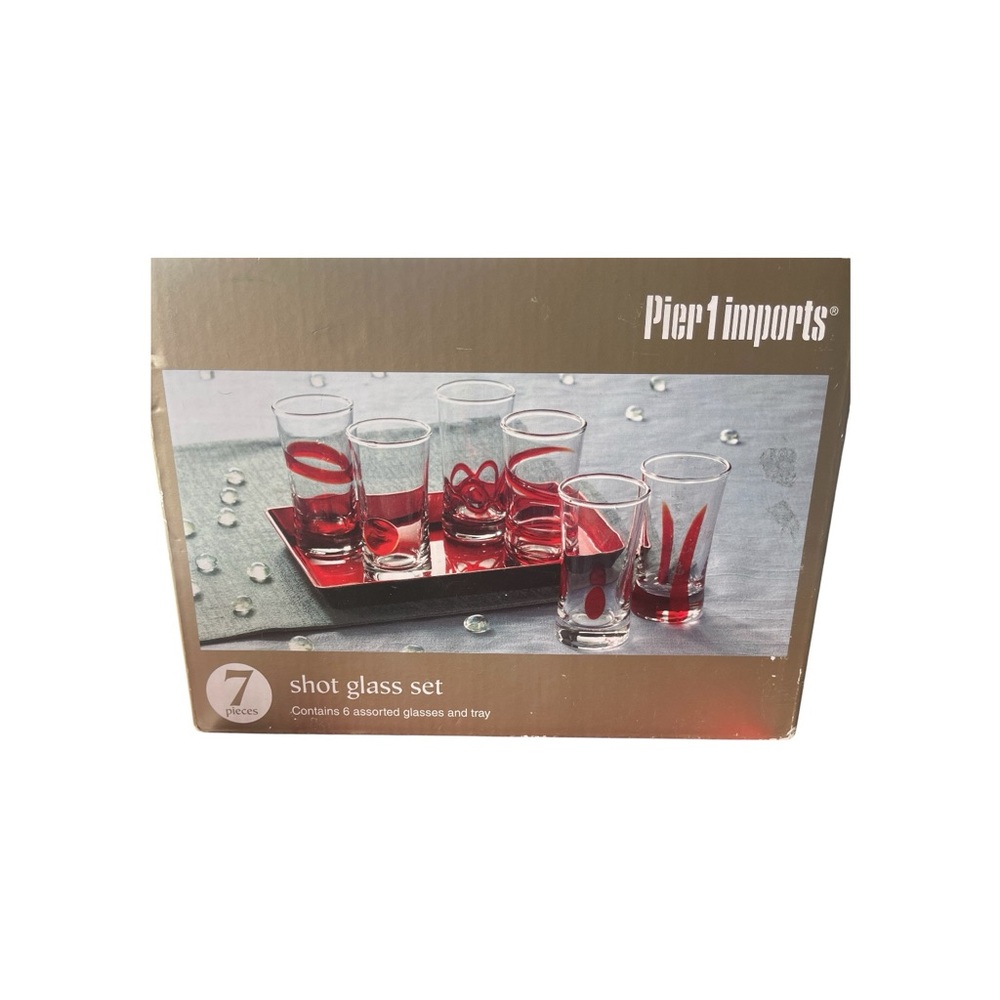 Pier 1 Imports Shot Glass Set Red Art Glass Tray Modern Bar Barware 7pc - Picture 9 of 10